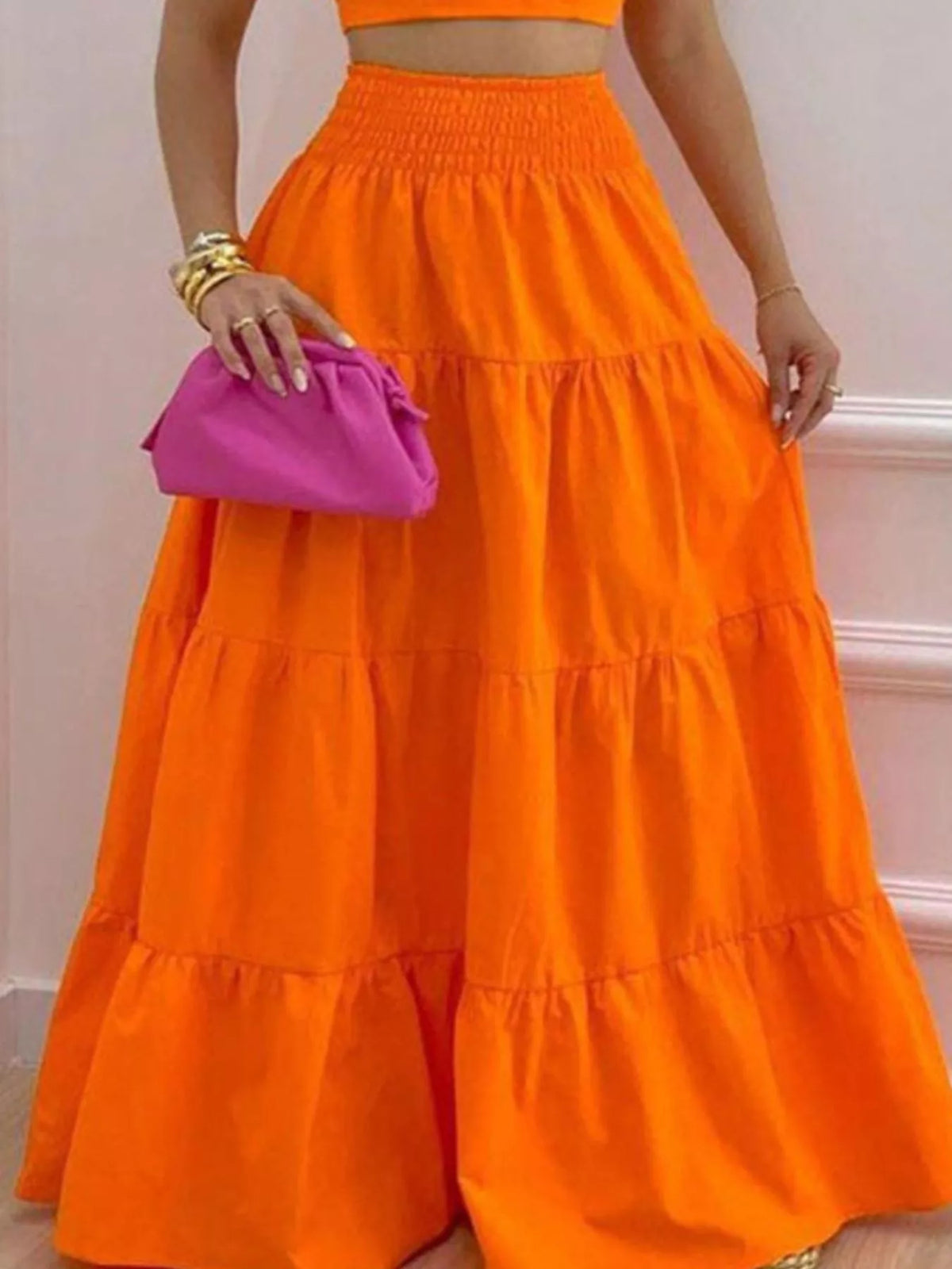 Orange crop top maxi skirt outfit