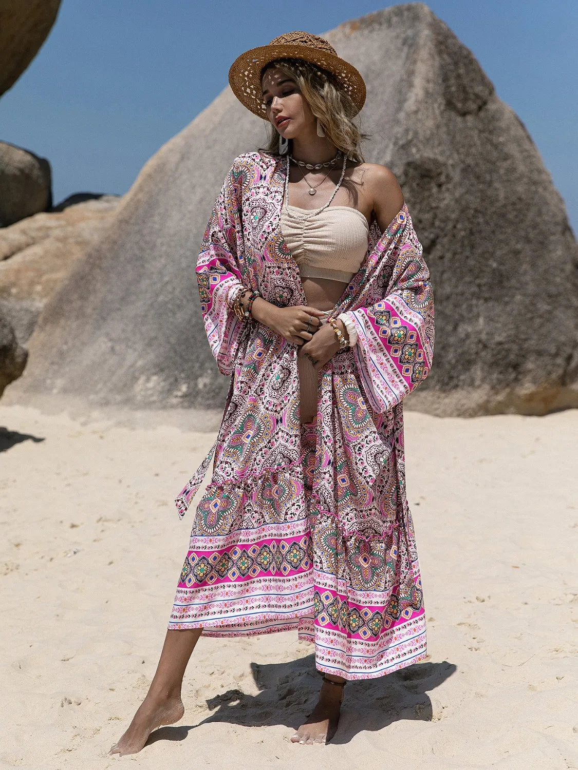 Printed Open Front Cover Up - Fashorio