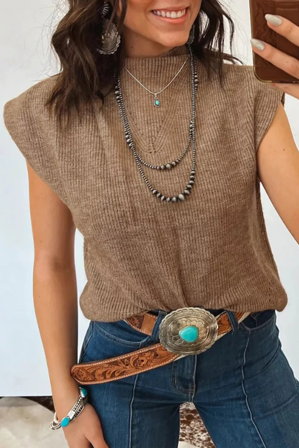 Taupe ribbed mock neck sweater vest front view