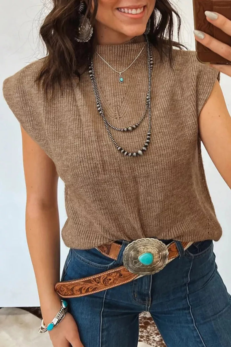 Taupe ribbed mock neck sweater vest front view