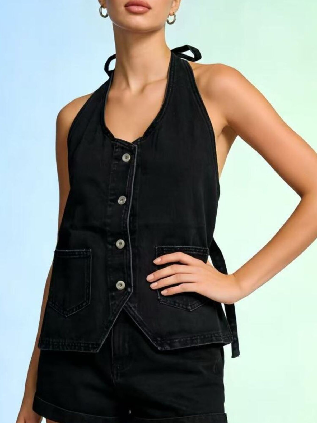 Halter Neck Button Down Denim Vest in Dark Blue view 15