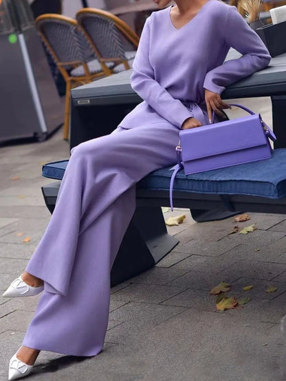 V-Neck Long Sleeve Top and Drawstring Pants Sweater Set Blue Purple One Size - Fashorio