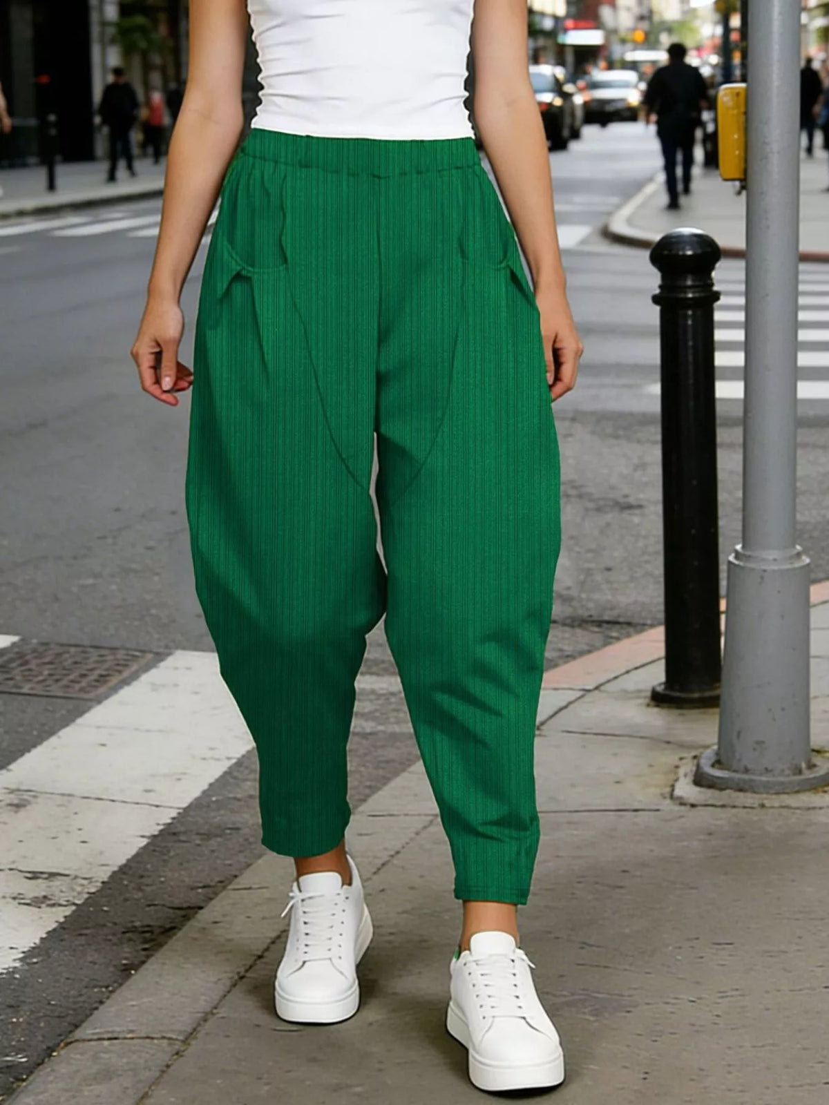 Plus size elastic waist harem pants, close up