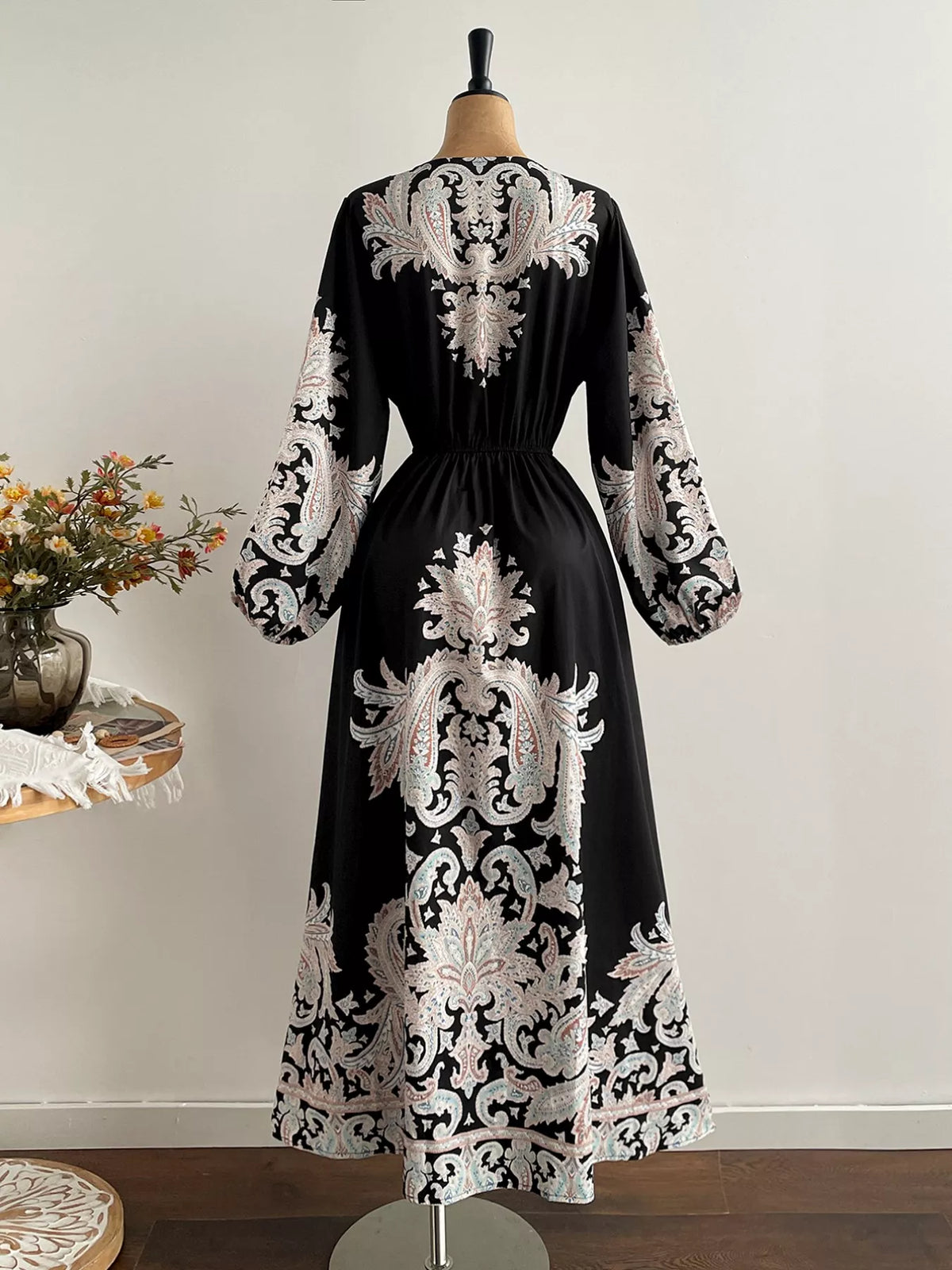Printed v neck dress back view