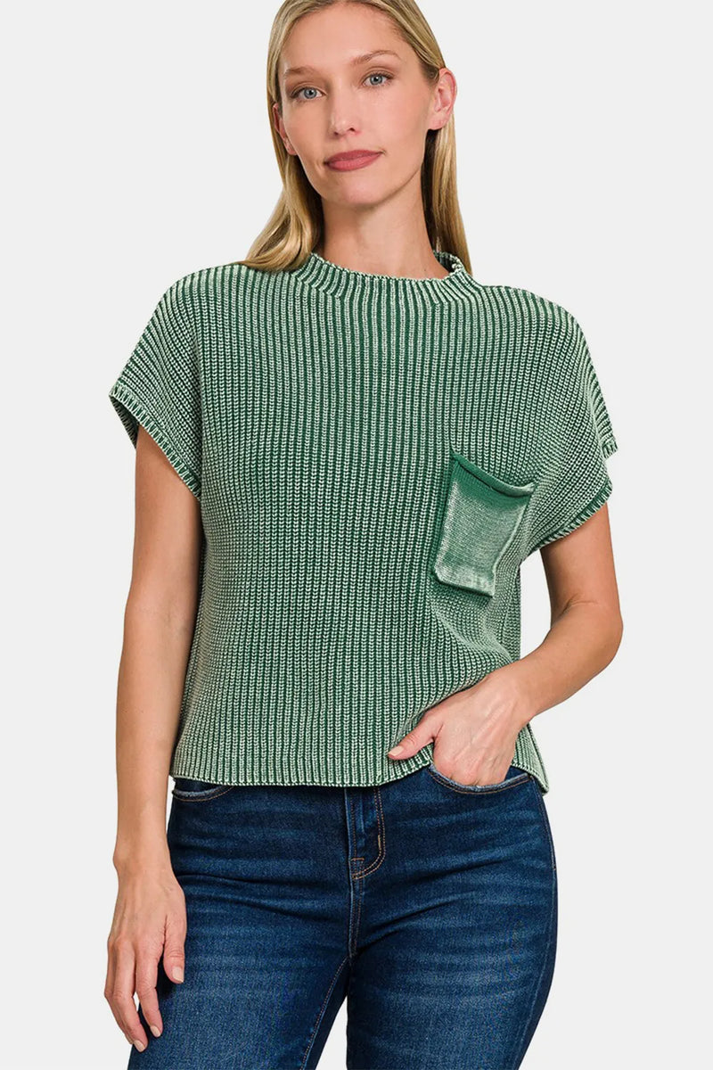 Washed Mock Neck Short Sleeve Cropped Sweater in Dark Green
