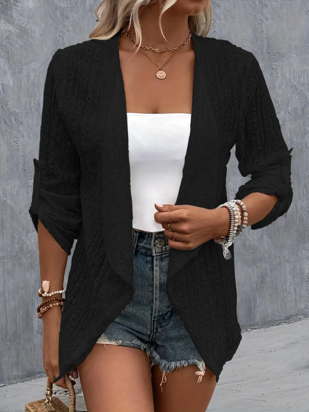 Eyelet Roll-Tab Sleeve Cardigan Black - Fashorio