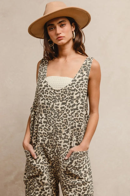 BiBi Leopard Print Adjustable Strap U Neck Jumpsuit - Fashorio