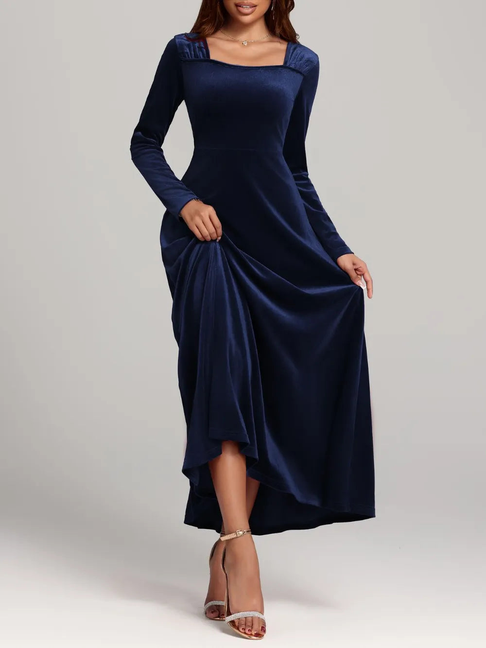 Fabric sheen detail on the velvet dress