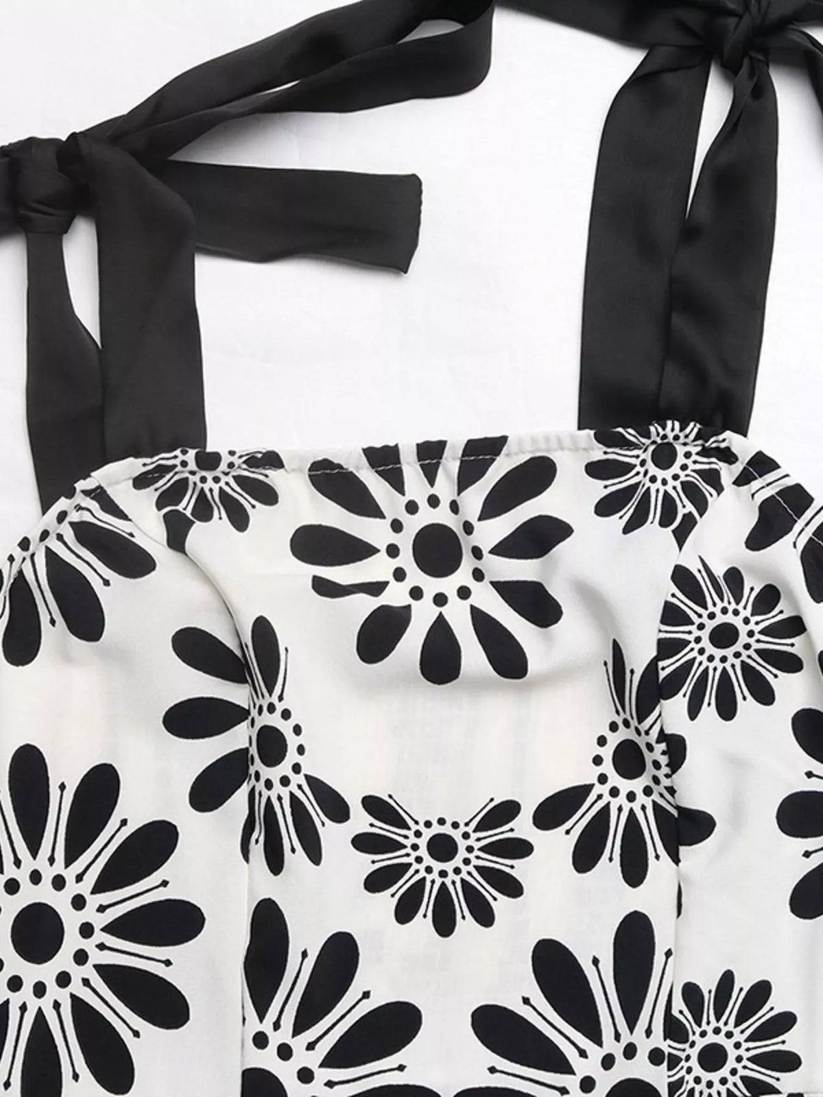 Black floral tie strap maxi dress, sleeve and shoulder detail