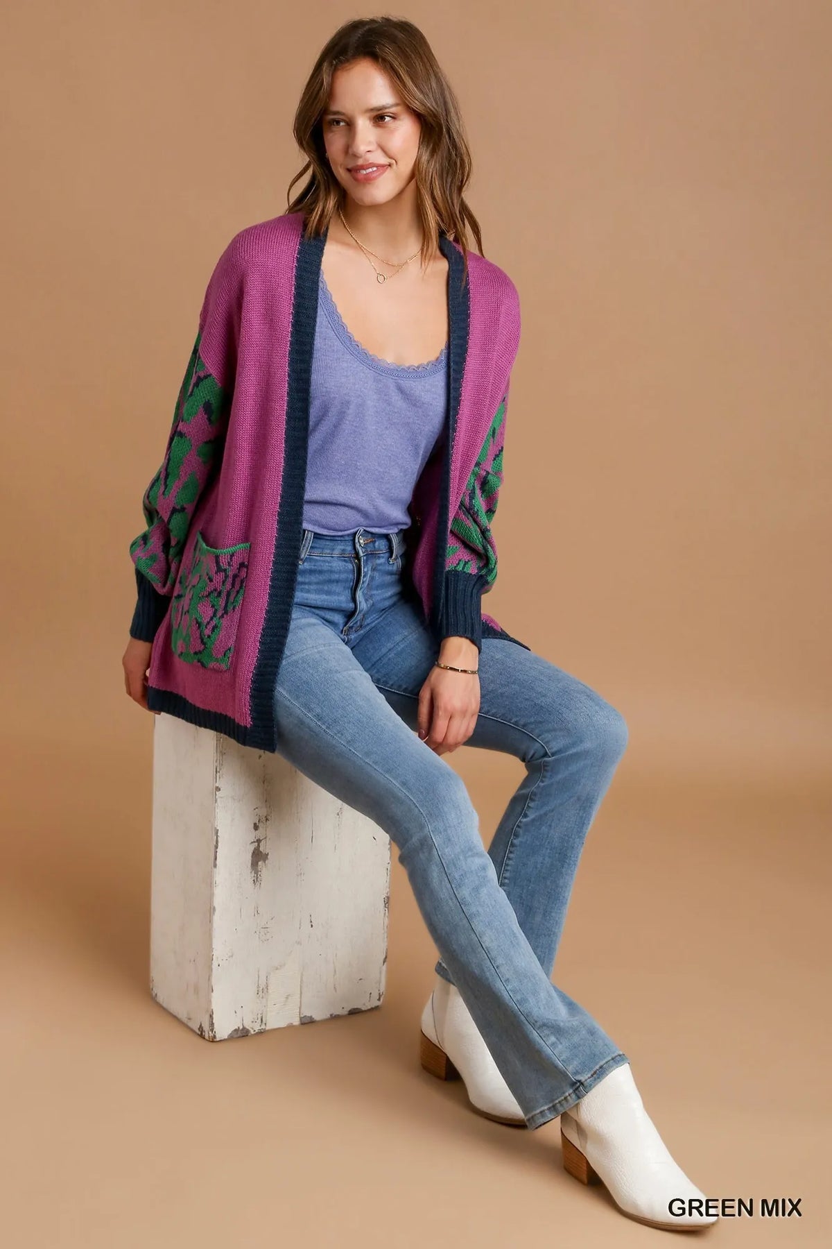 Animal Print Open Front Cardigan in Green styled look