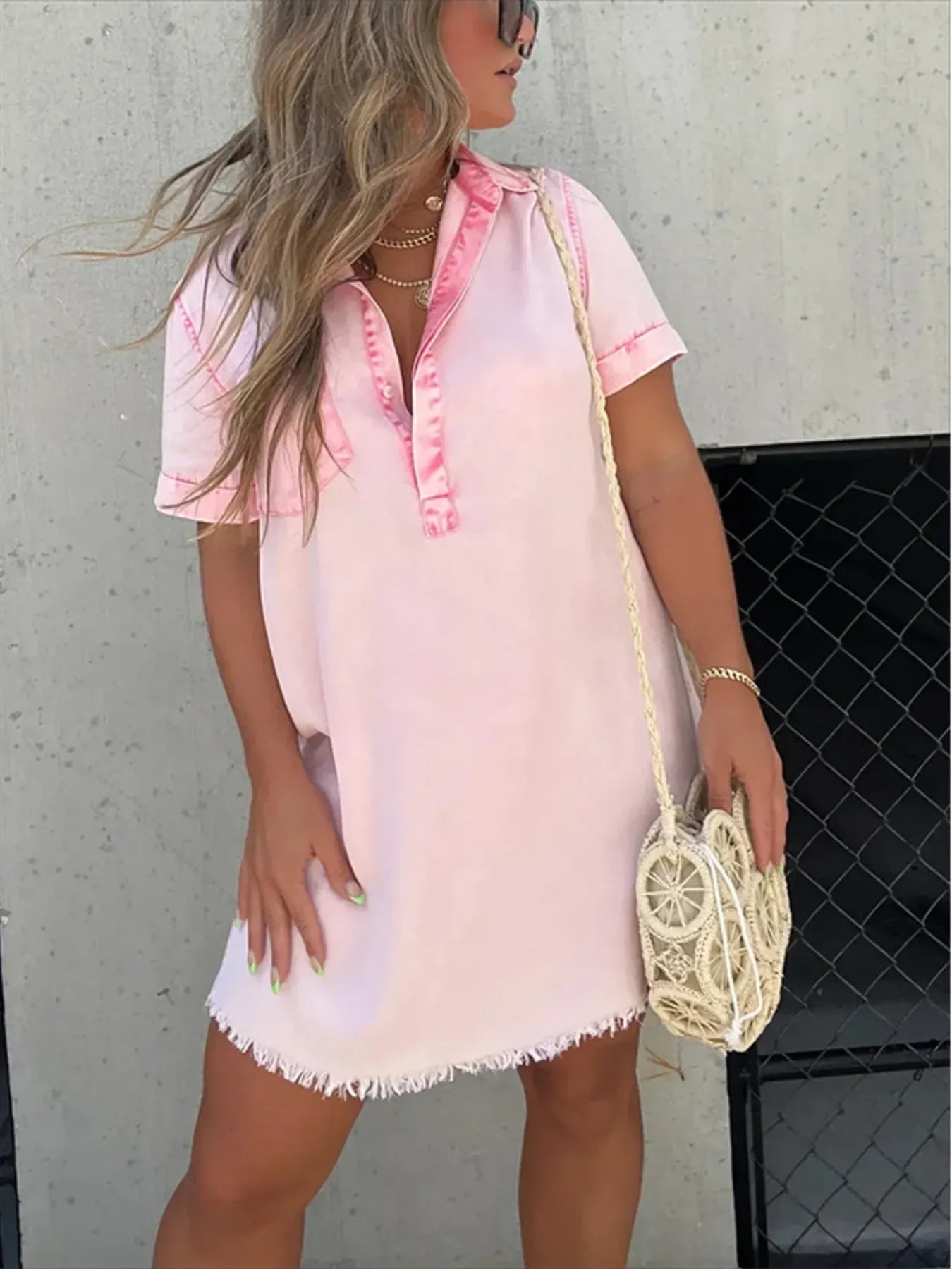 Full Size Raw Hem Short Sleeve Denim Dress Plus Size - Fashorio