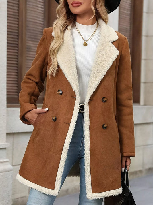 Women’s Sherpa Lined Button Up Jacket with Pockets Tan - Fashorio