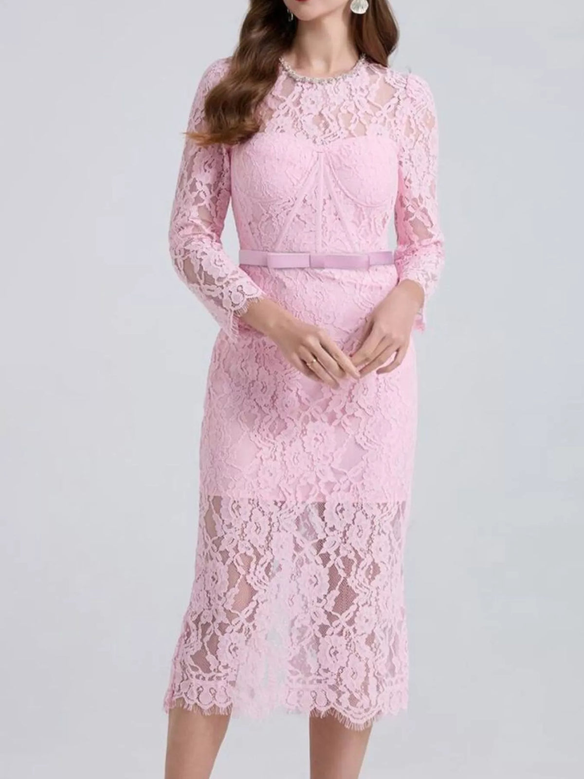 lace long sleeve midi dress front view