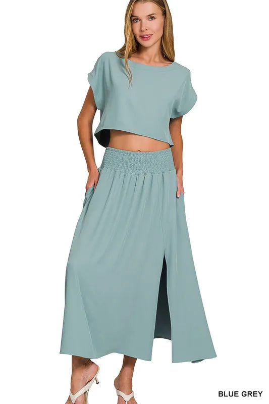 Zenana Heavy Woven Span Crop Tee & Skirt Set - Fashorio