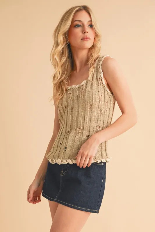 Knit tank hem and frayed edge detail