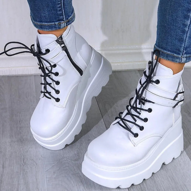 PU leather lace up wedge boots front view