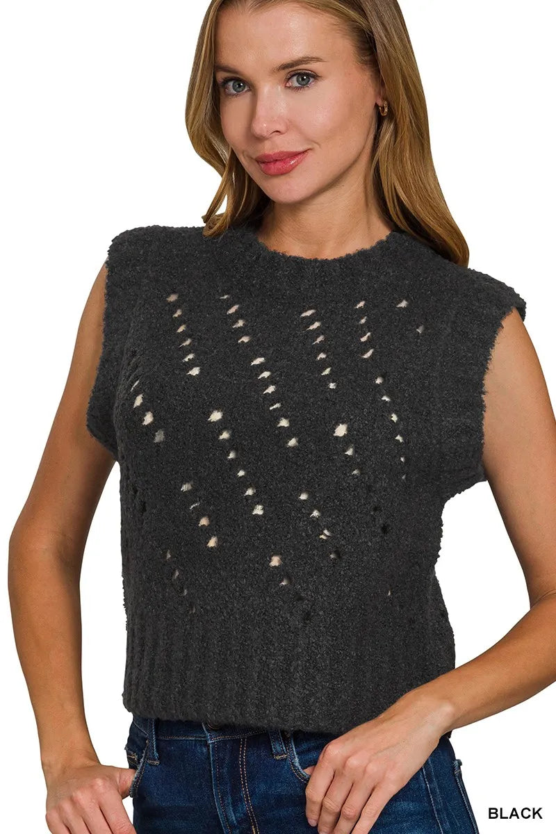 Zenana Openwork Textured Wool Sweater Vest BLACK - Fashorio