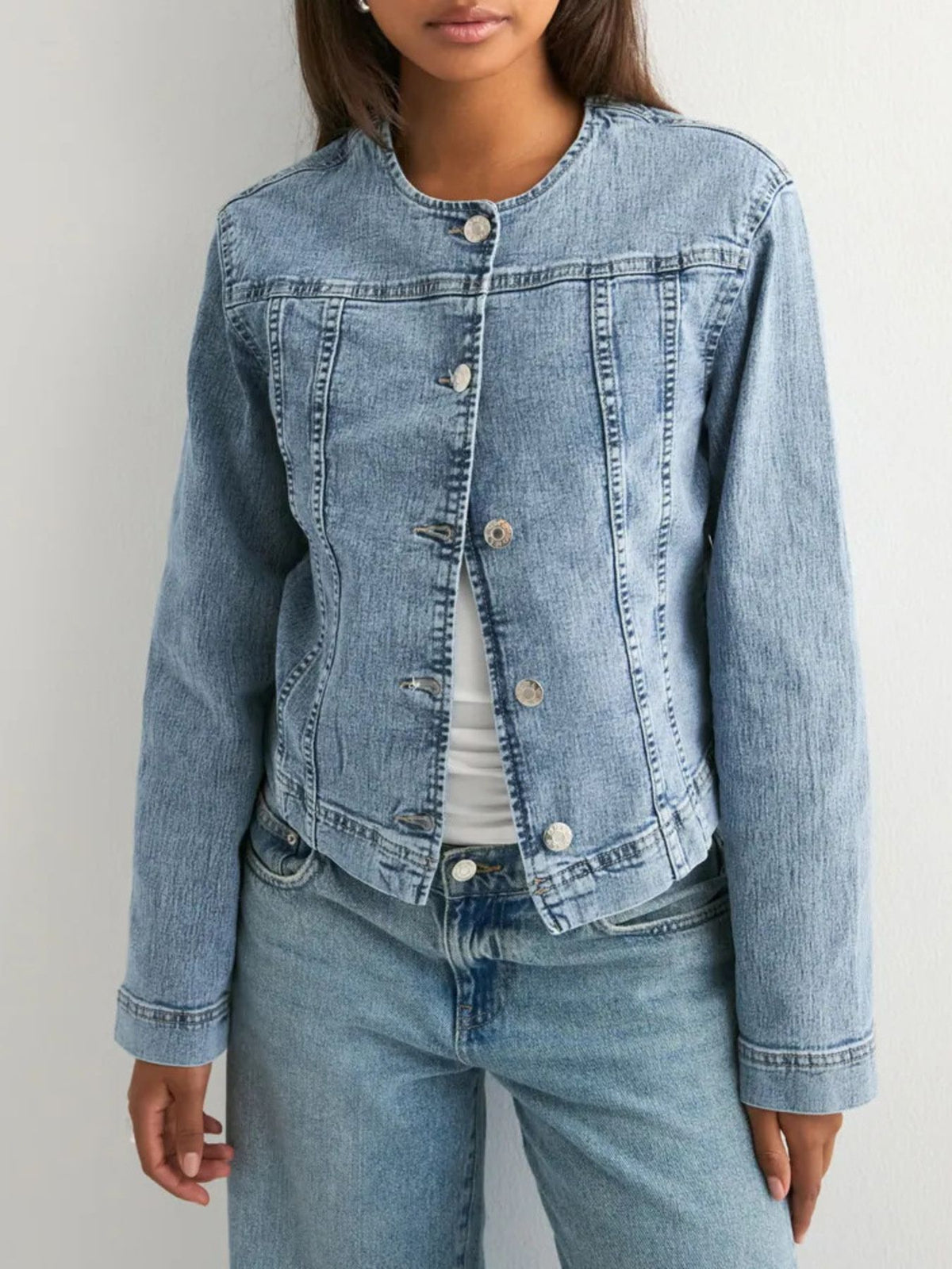 Classic Button Down Denim Jacket in Light Blue side view