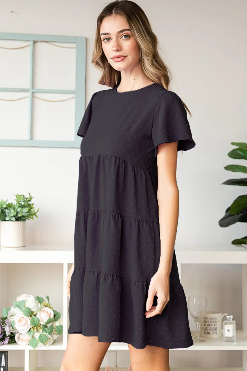 Swiss Dot Short Sleeve Tiered Dress side view