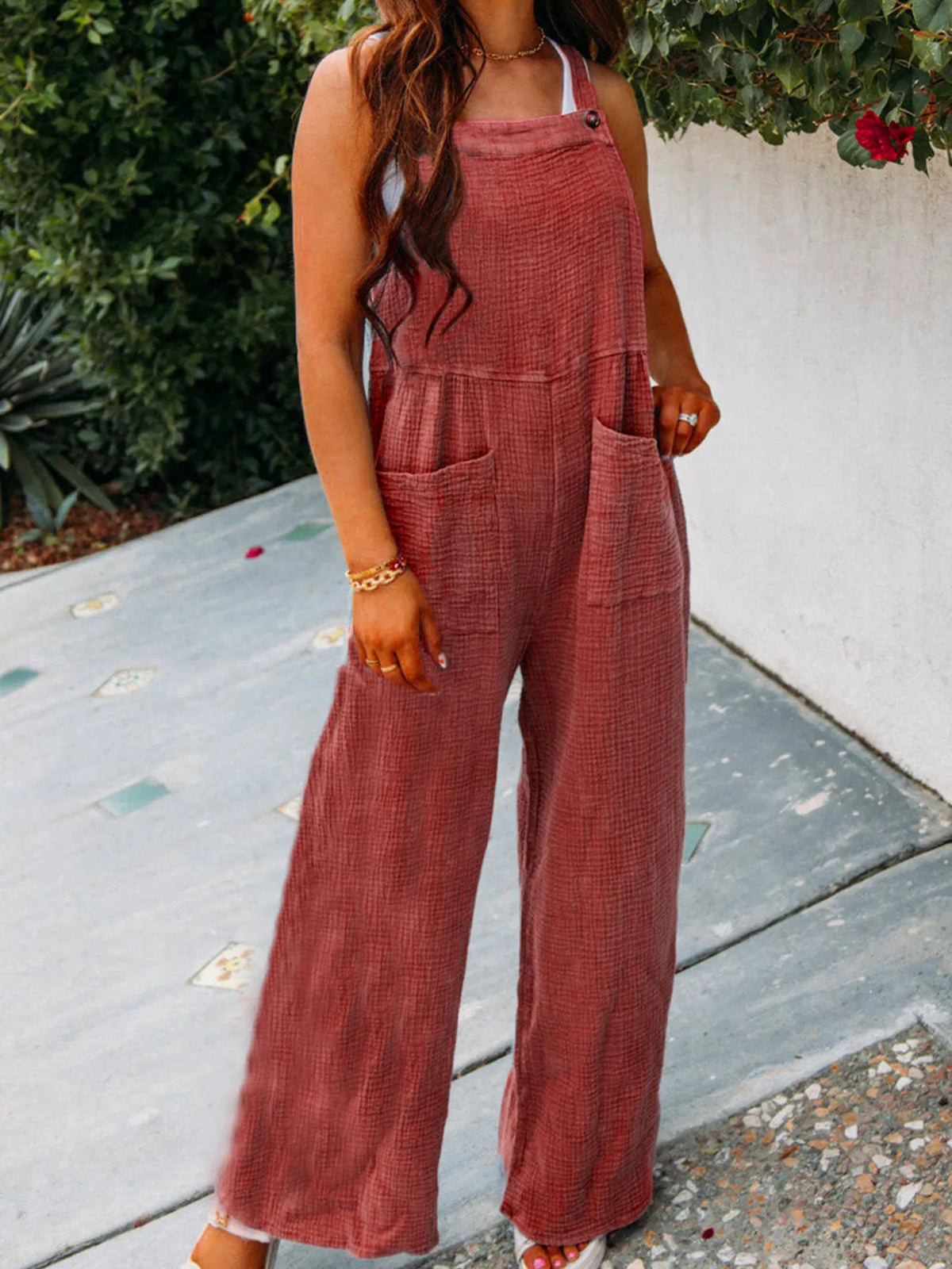 Casual Wide Leg Textured Overalls, view 18