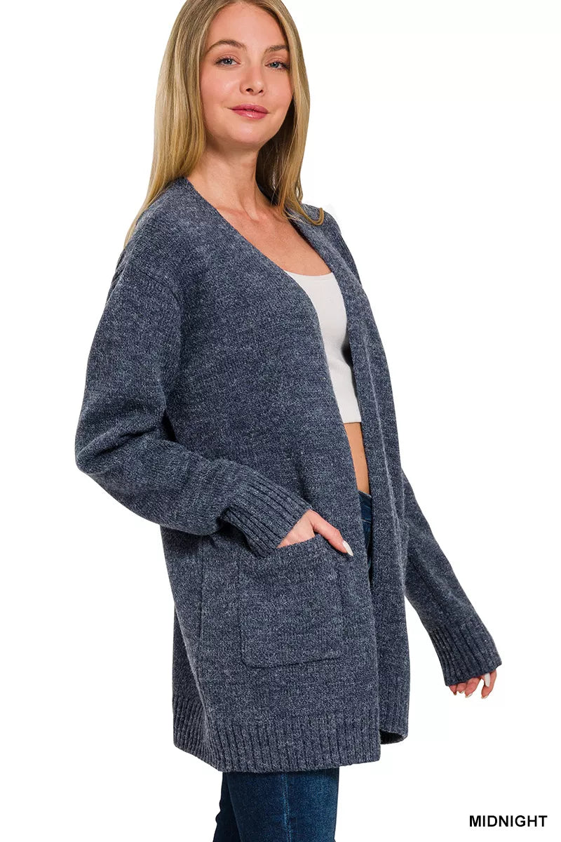 Side view of open front cardigan