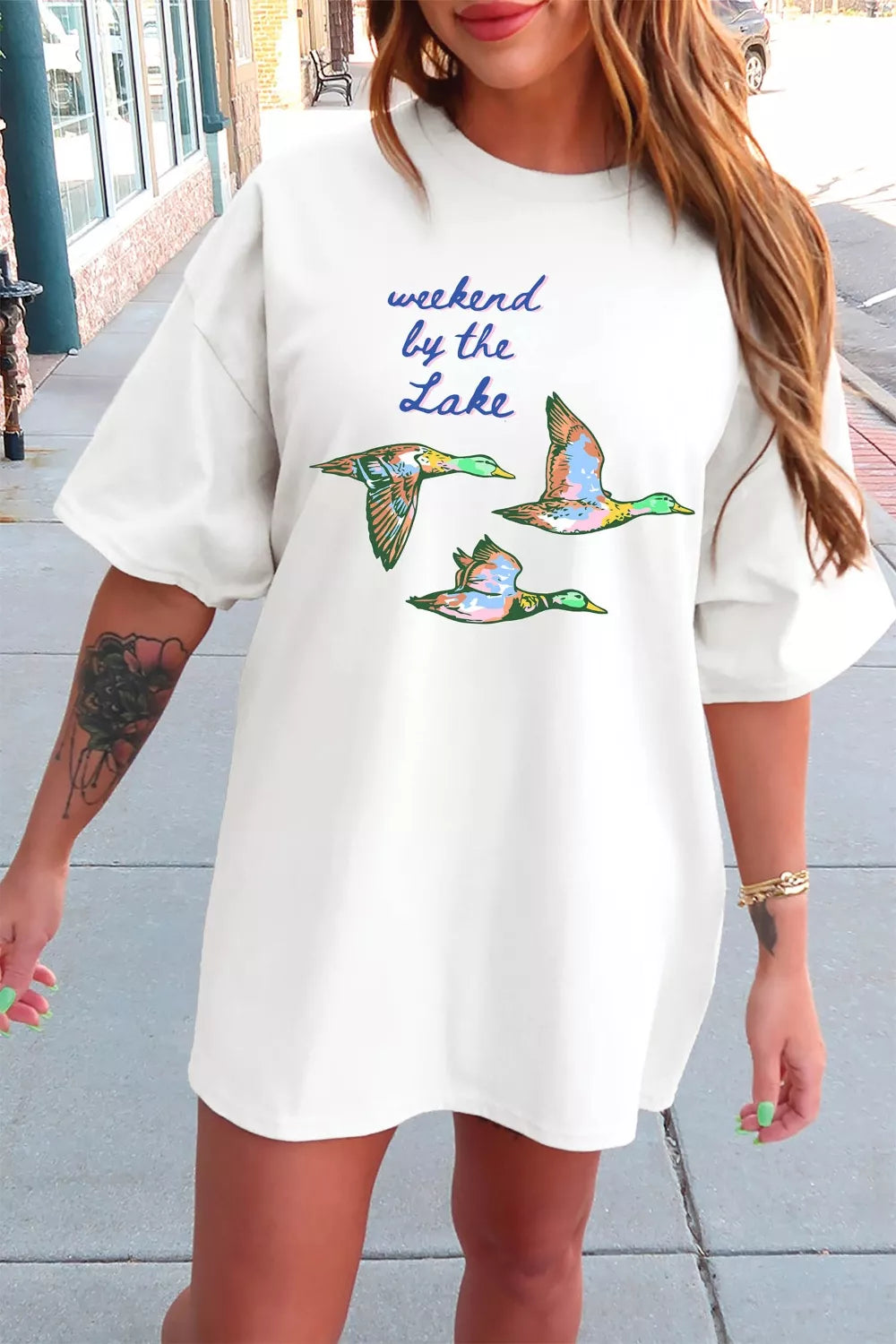 White Weekend by the Lake graphic oversized tee styled view