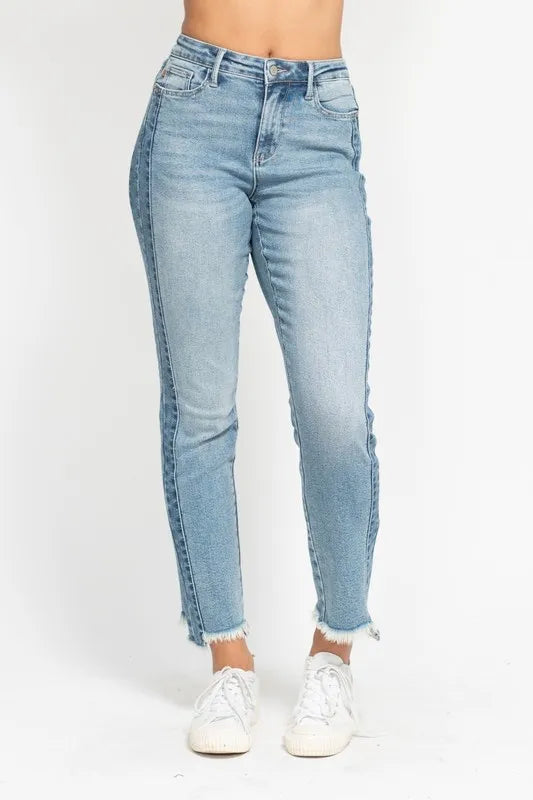 Judy Blue Vintage Wash Side Panel Fray Hem Slim Jeans – Plus Size - Fashorio