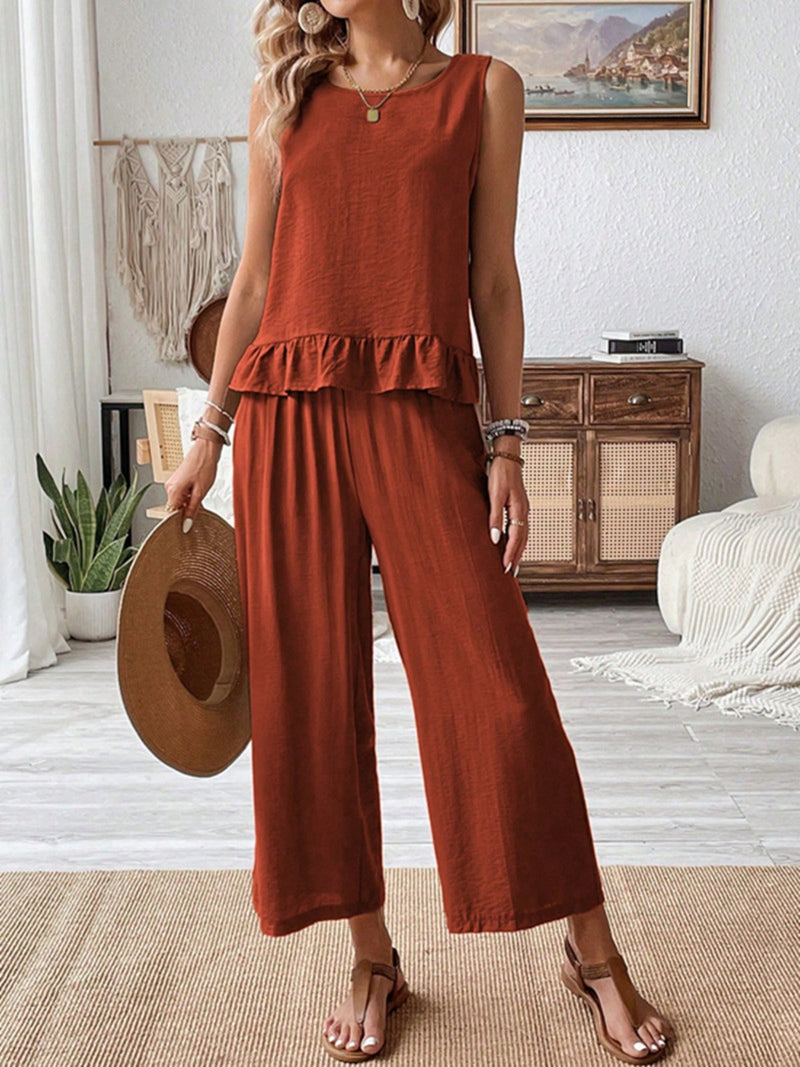 Terracotta ruffle hem tank and wide leg pants two piece set front view