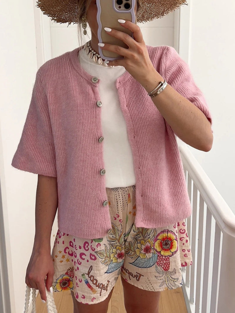 Short sleeve button down cardigan front
