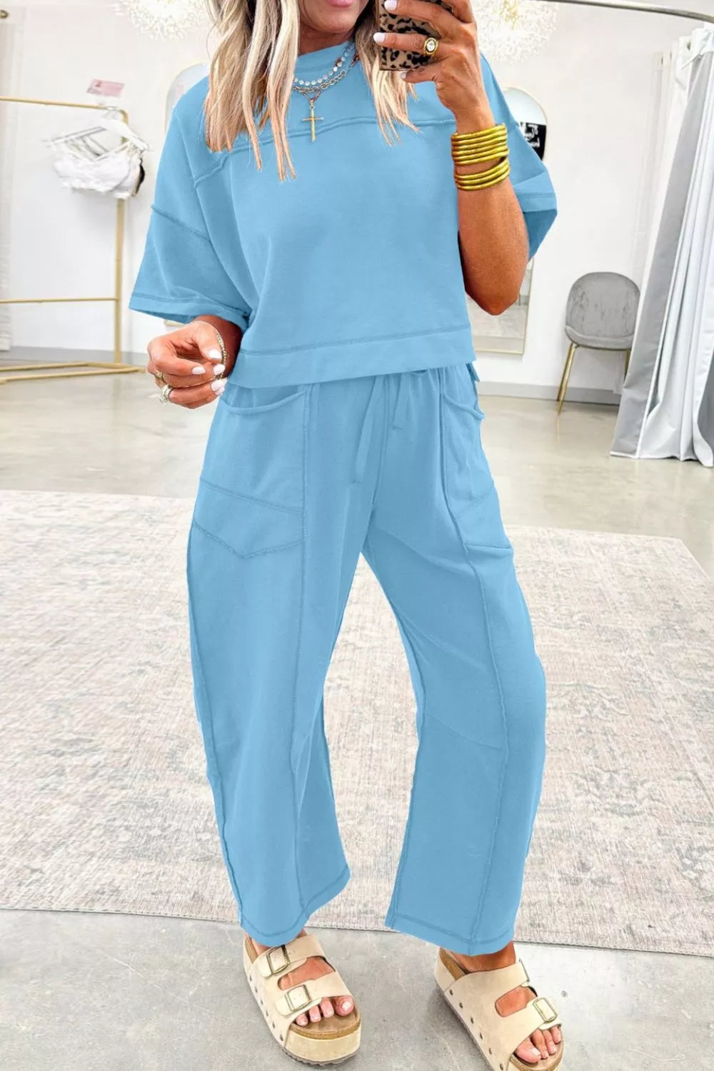 Barrel leg pants set curved silhouette