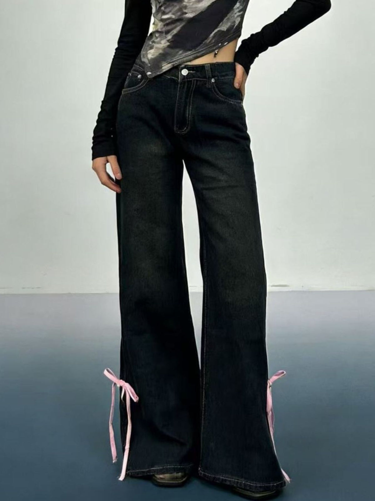Dark wash flare jeans side profile