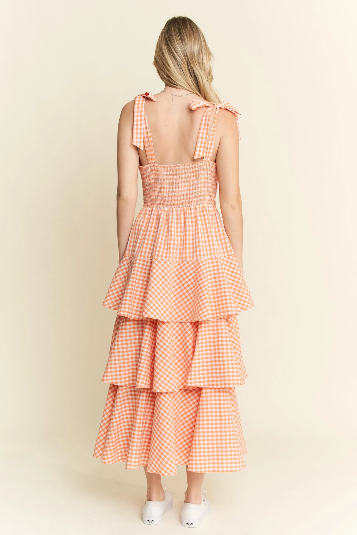 Sleeveless Gingham Print Tiered Midi Dress on model