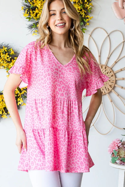Heimish Full Size Leopard Ruffle Trim Short Sleeve Top - Fashorio