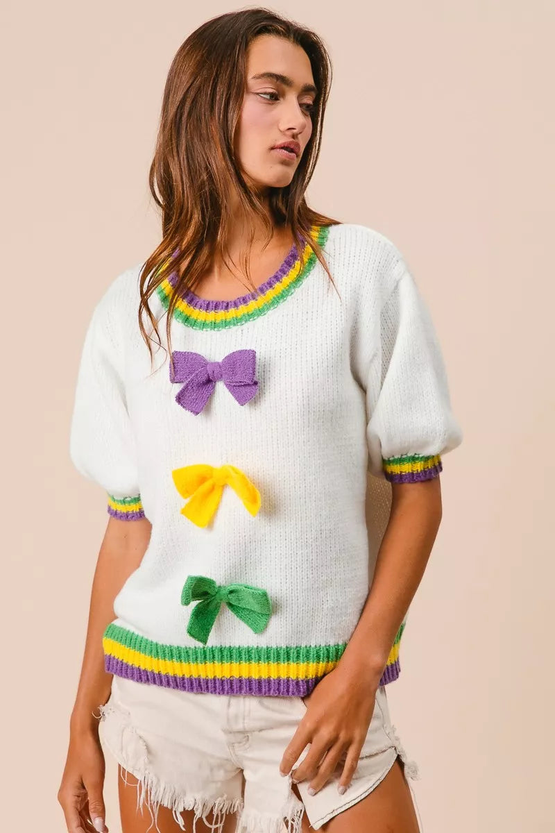 Puff Sleeve Ribbon Bow Sweater in Ivory view 16