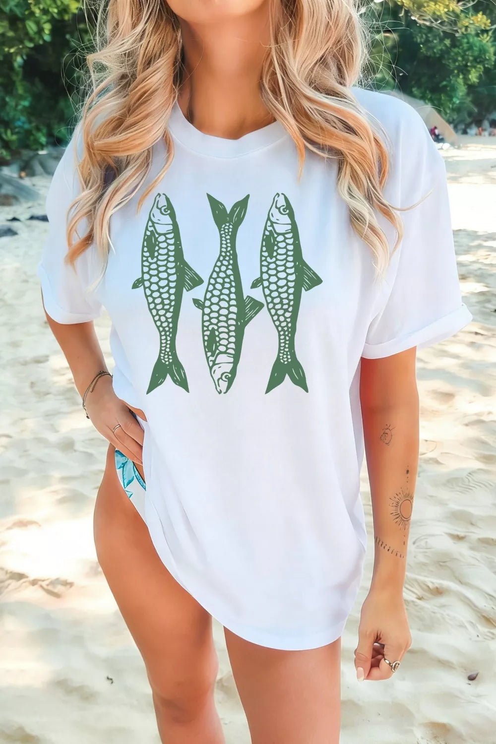 Fish graphic tee sleeve detail