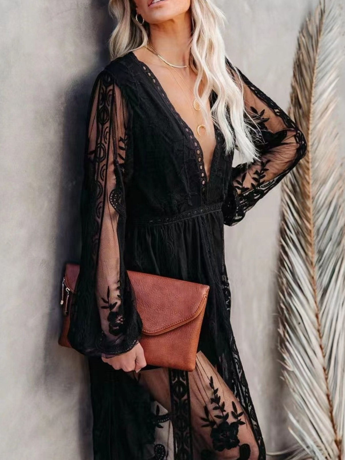 Floral lace slit maxi dress sleeve detail