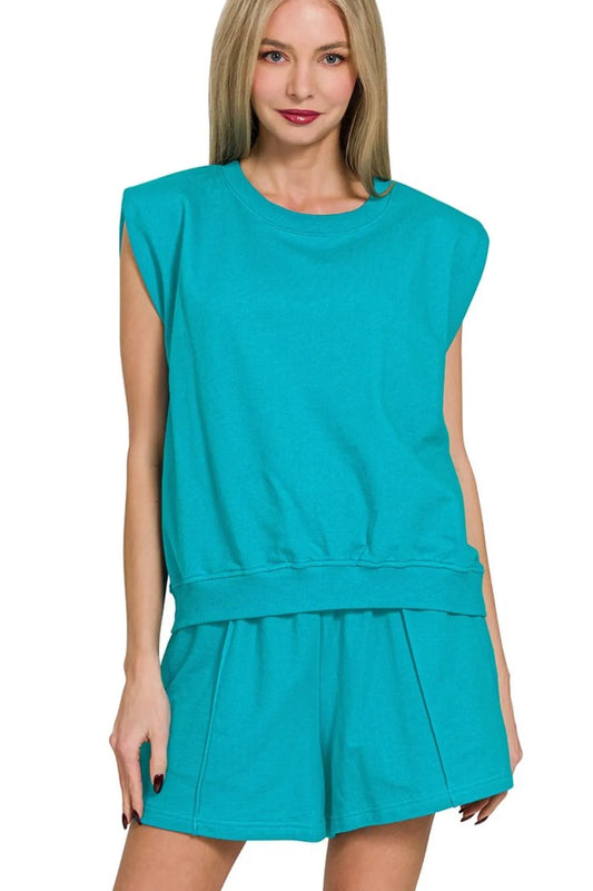 Zenana French Terry Sleeveless Top & Shorts Set LT TEAL - Fashorio