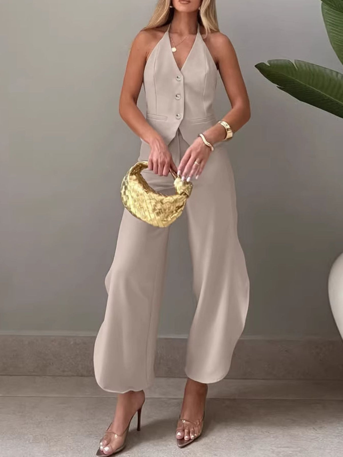 Halter Neck Vest and Wide Leg Pants Set, view 5