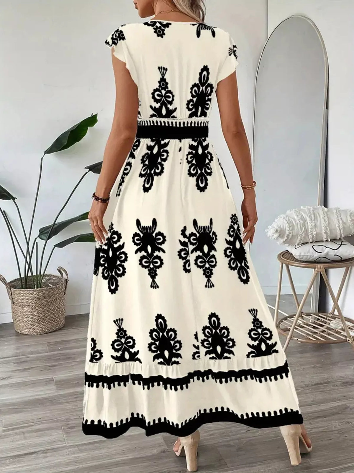ruffle print v neck maxi dress back view