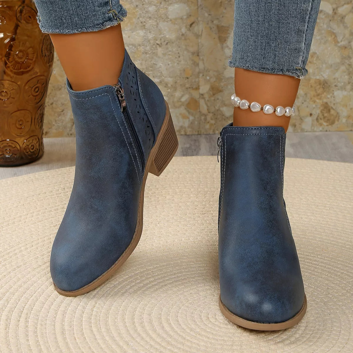 Point toe block heel boots toe box close up