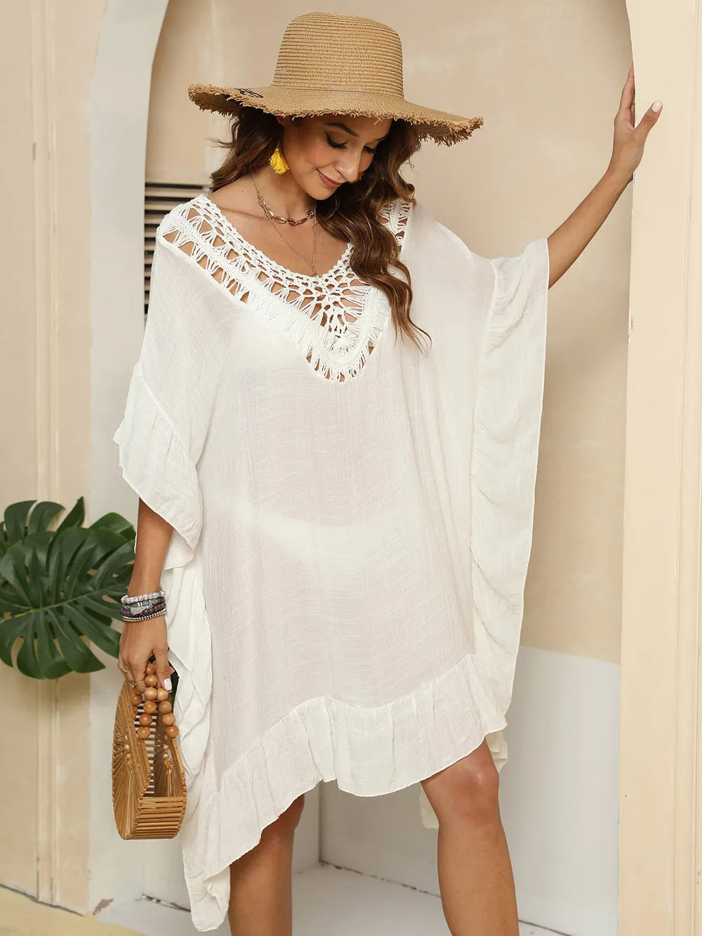 Cutout ruffled half sleeve cover up front