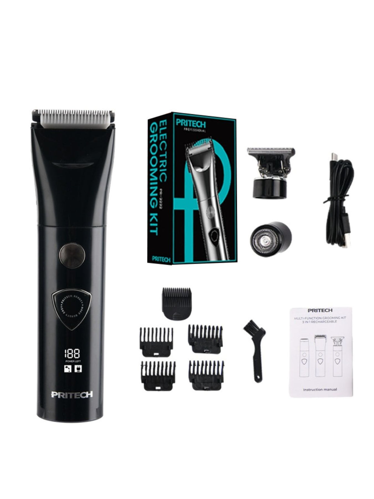 Cordless rechargeable hair clipper kit in black