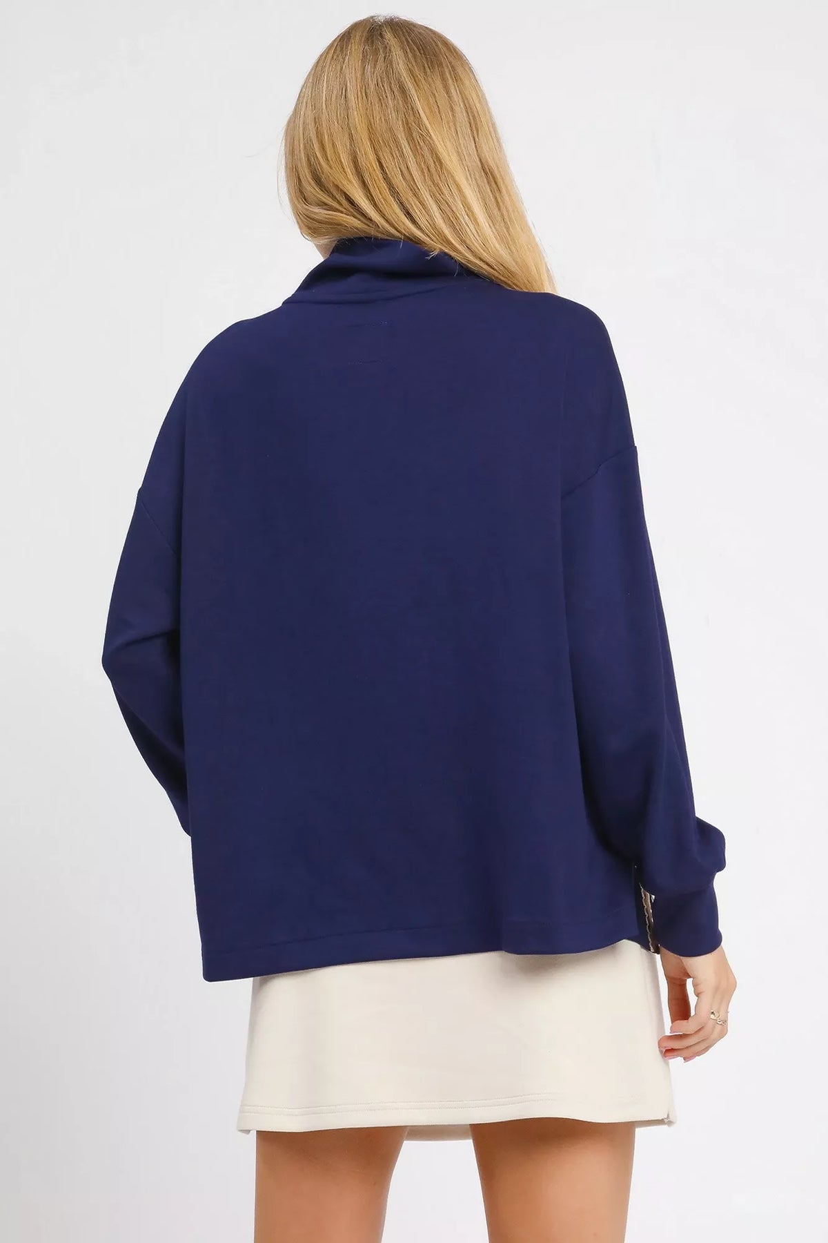 Turtleneck Dolman Sleeve Side Slit Sweater in Navy side view