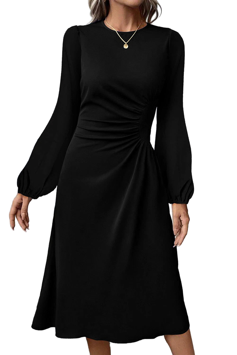 Black ruched long sleeve midi dress front view
