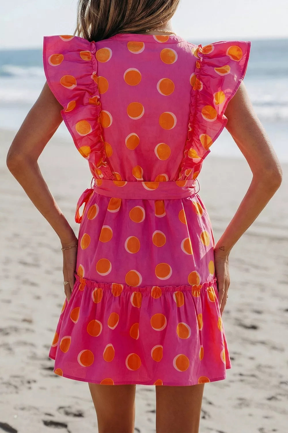Close up of polka dot print on cotton blend fabric