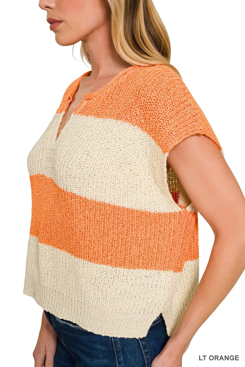 Split Neck Sleeveless Striped Sweater in Orange back view