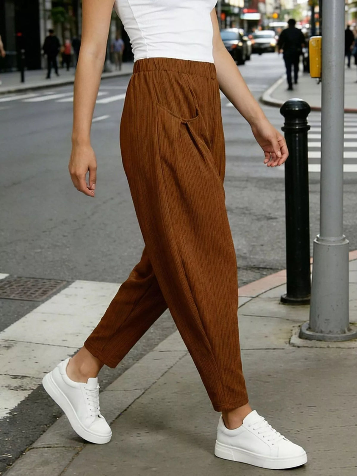 Plus size elastic waist harem pants, fabric detail