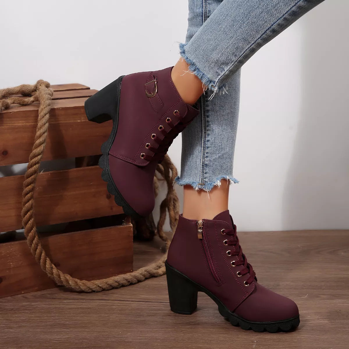 Lace up block heel suede boots front view