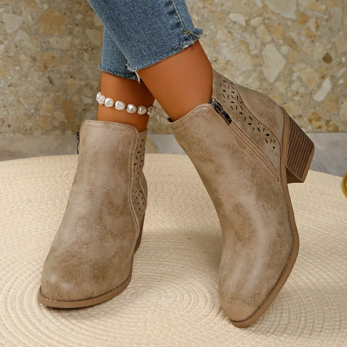 Point toe block heel boots buckle detail