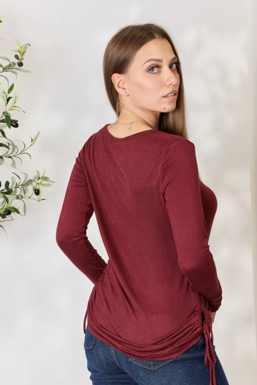 Culture Code Full Size Drawstring Round Neck Long Sleeve Top - Fashorio